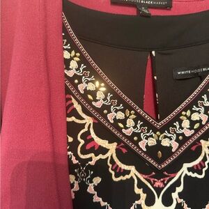 White House Black Market Pink and Black Embroidered Blouse